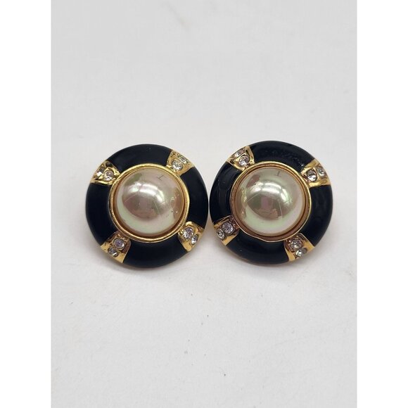 Roman Jewelry - Vtg ROMAN COUTURE Black Enamel Rhinestone Cabochon Round Gold Tone Earrings